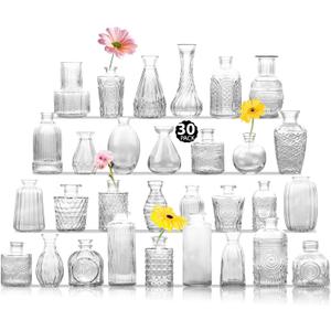 Glass Bud Vase Set of 30, Clear Bud Vases in Bulk, Small Flower Vases for Table Centerpieces, Mini Vintage Vases for Rustic Wedding Party, Bridal Shower, Home Decoration (30 Pack)