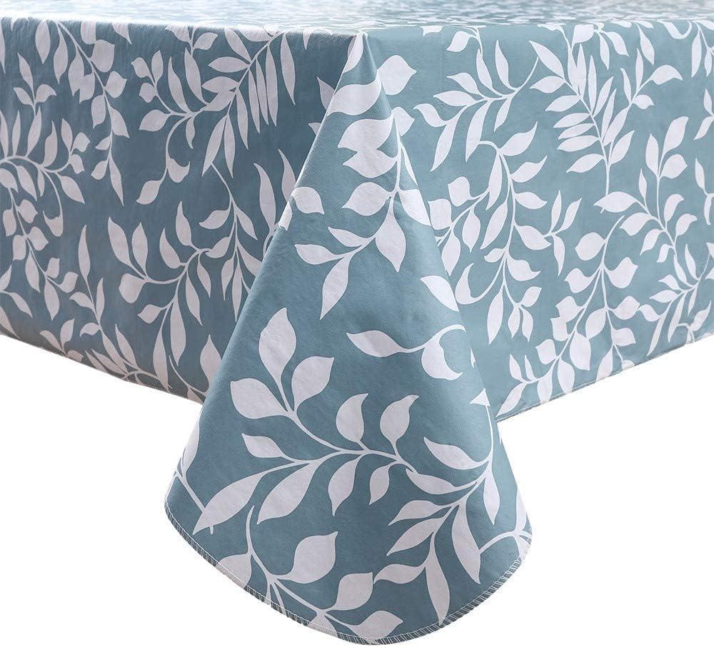 Pioggia Vinyl Tablecloth with Flannel Backed Waterproof Oil-Proof PVC Table Cloth Wipeable Spill-Proof Plastic Table Cover for Indoor and Outdoor(Blue Leaves, 60 x 84 Inch Rectangle)