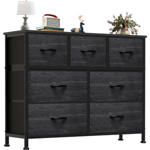 OLIXIS 7 Drawers Dresser for Bedroom, Fabric Storage Tower for Living Room, Entryway - Sturdy Steel Frame, Wooden Top and Easy Pull Fabric Bins, Closet Chests Organizer for Clothes,Black Wood Grain, 11.8"D x 39.4"W x 30"H