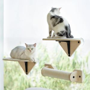 MEWOOFUN Window Perch Hammock with Climbing Steps and Scratching Post - Wooden Window Mounted Cat Bed (3 Pcs Cat Climber Set)