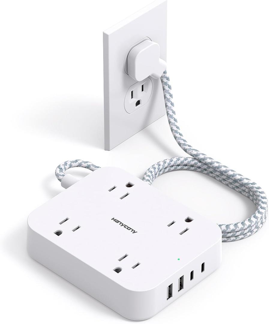 Flat Plug Extension Cord, HANYCONY 5ft Power Strip with 4 USB Ports(2 USB C), 4 Widely Outlets Extender, Wall Mount, Desk Charging Station for Office School Travel Dorm Room Essentials, ETL Listed (White)