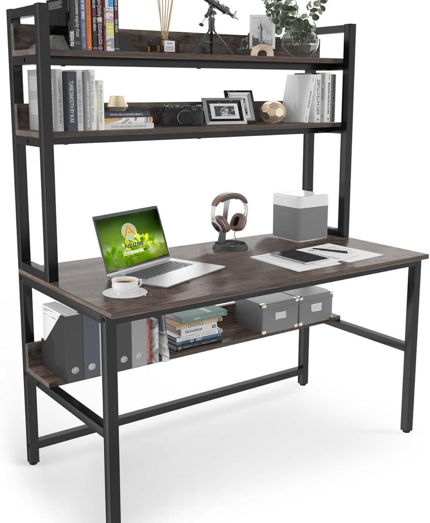 Aquzee Desk with Hutch Bookshelves, Computer Desk with 3 Tiers Storage Shelves, Space Saving Design Black Metal Legs Desk with Grey Board, Easy Assemble (47inch)