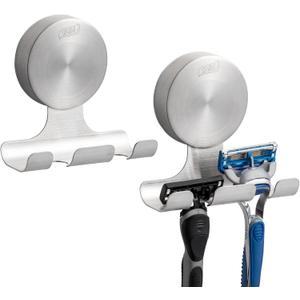 TAILI 2 Pack Powerful Suction Cup Razor Holder, 304 Stainless Steel Bathroom Suction Hooks for Towel, Loofah, Bathrobe, Stylish Shaver Holder for Shower Wall, Easy to Install and Reuse, Silver