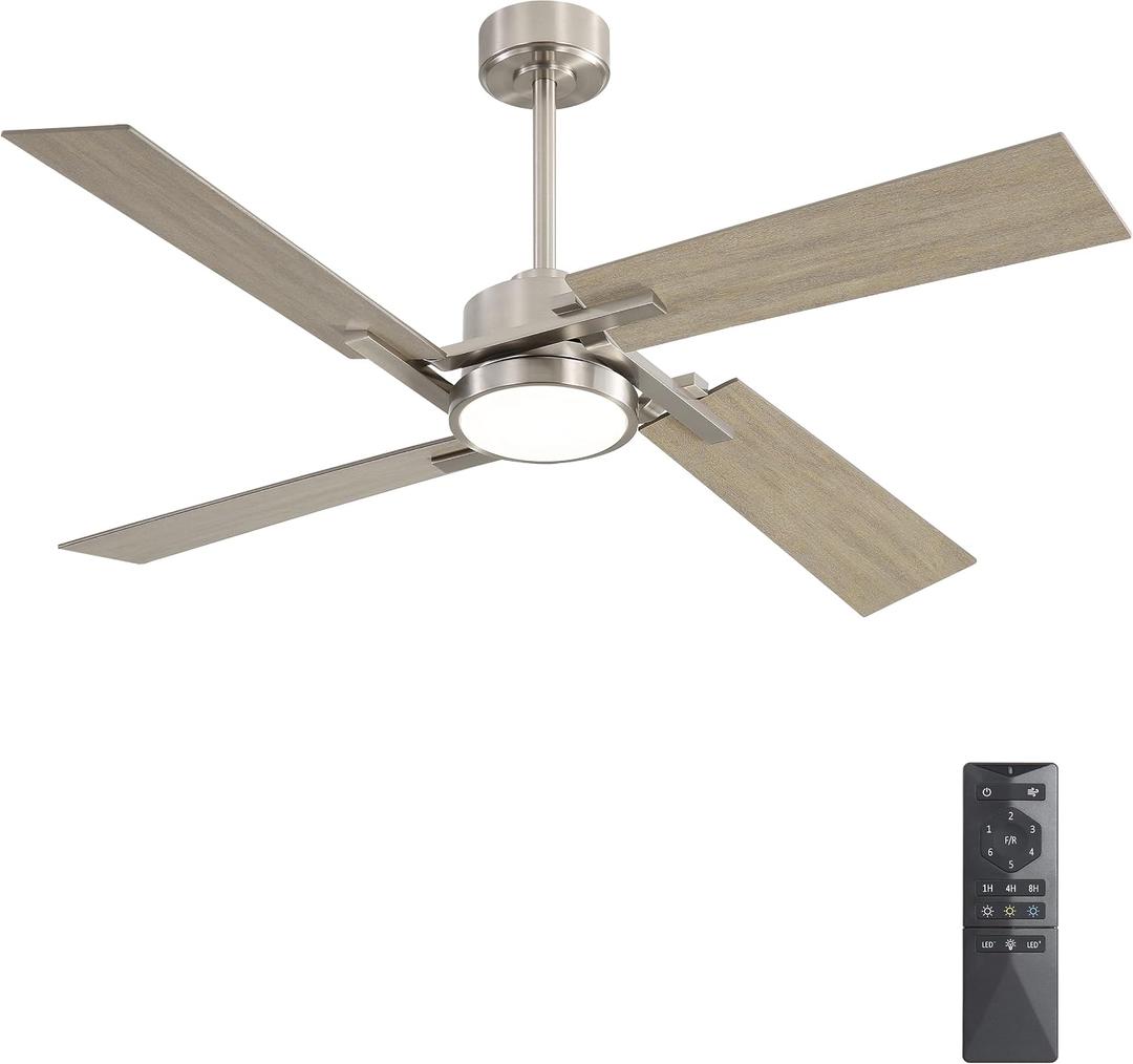 WINGBO 54 Inch Ceiling Fan with Light and Remote, 4 Plywood Blades, 6-Speed Reversible DC Motor, Dimmable, 3CCT, Farmhouse Ceiling Fan for Bedroom Living Room Kitchen, Brushed Nickel and Gray
