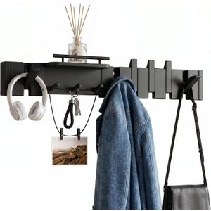 Mid Century Modern Walnut Foldable Entryway Wall Coat Hanger Hook with Shelf,Heavy Duty Wooden Piano Hidden Towel Hooks for Bathroom,Wall Rack for Purse&Key&Mail,Home Decor (Black, 9 Hooks)