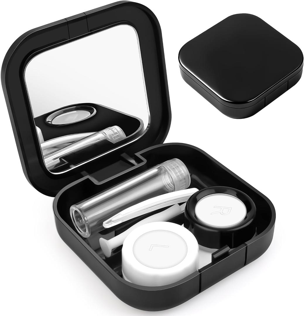 AHIER Portable Contact Lens Case Travel Kit Mirror +bottle + tweezers Container Holder (black)