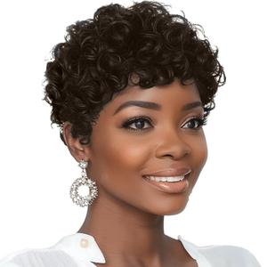 MOONSHOW Short Pixie Cut Wigs for Black Women Dark Brown Short Curly Pixie Wigs Brown Curly Wigs for Black Women Synthetic Pixie Haitcut Wig (6 Color)