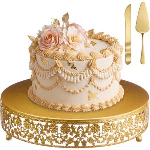 Wenqik 12 Inch Gold Cake Stand Set Metal Round Cupcake Dessert Stand with Cake Cutting, Flower Spatula Wedding Cupcake Pastry Display Candy Holder Display for Wedding Party Birthday Baby Shower