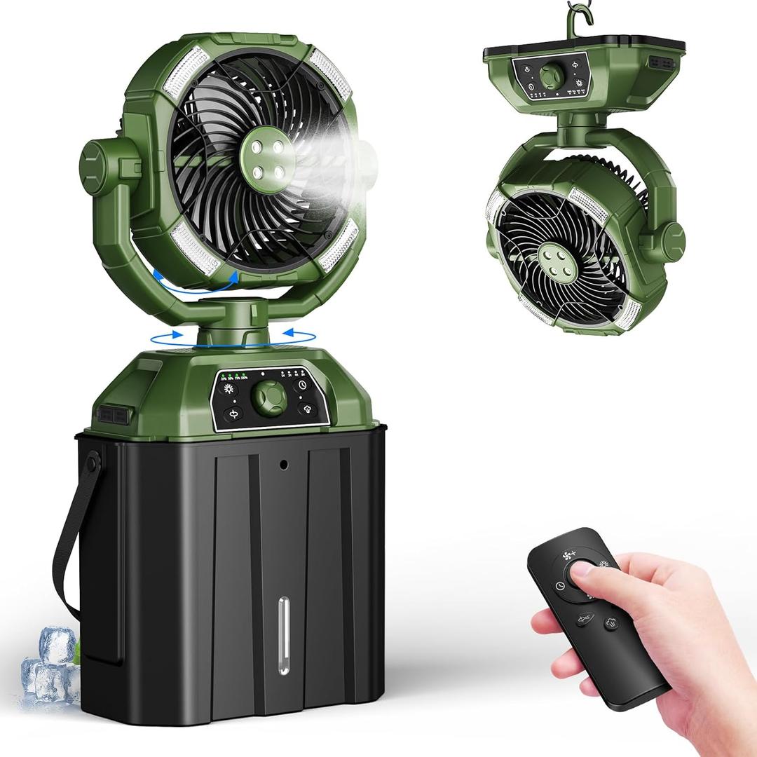 Misting fan with 7L bucket 90Oscillating ,4 Spray Mister 25000mAh Rechargeable Camping fan with Remote Control Stepless Speed and Timer for Patios/CampingWaterproof Design Outdoor Fans (Green)
