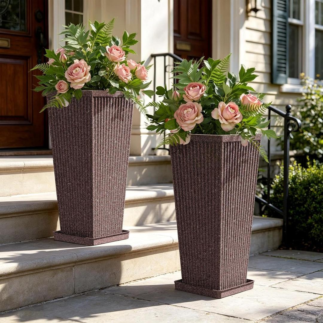24" Tapered Tall Planters for Outdoor Plants with Tray&Shelf, Brown, 23.6"H x 10.2"W x 10.2"W