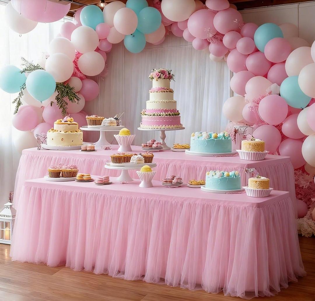 2-Pack Pink 2-in-1 Tulle Tablecloth for 5-Foot Rectangular Table Stretch Fitted Table Skirt & Cover for Baby Shower, Bridal, Birthday, Princess Party