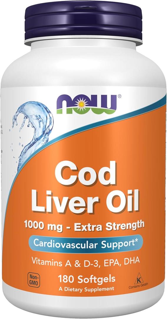 NOW Foods Supplements, Cod Liver Oil, Extra Strength 1,000 mg with Vitamins A & D-3, EPA, DHA, 180 Softgels, Expiry: 07/31/27