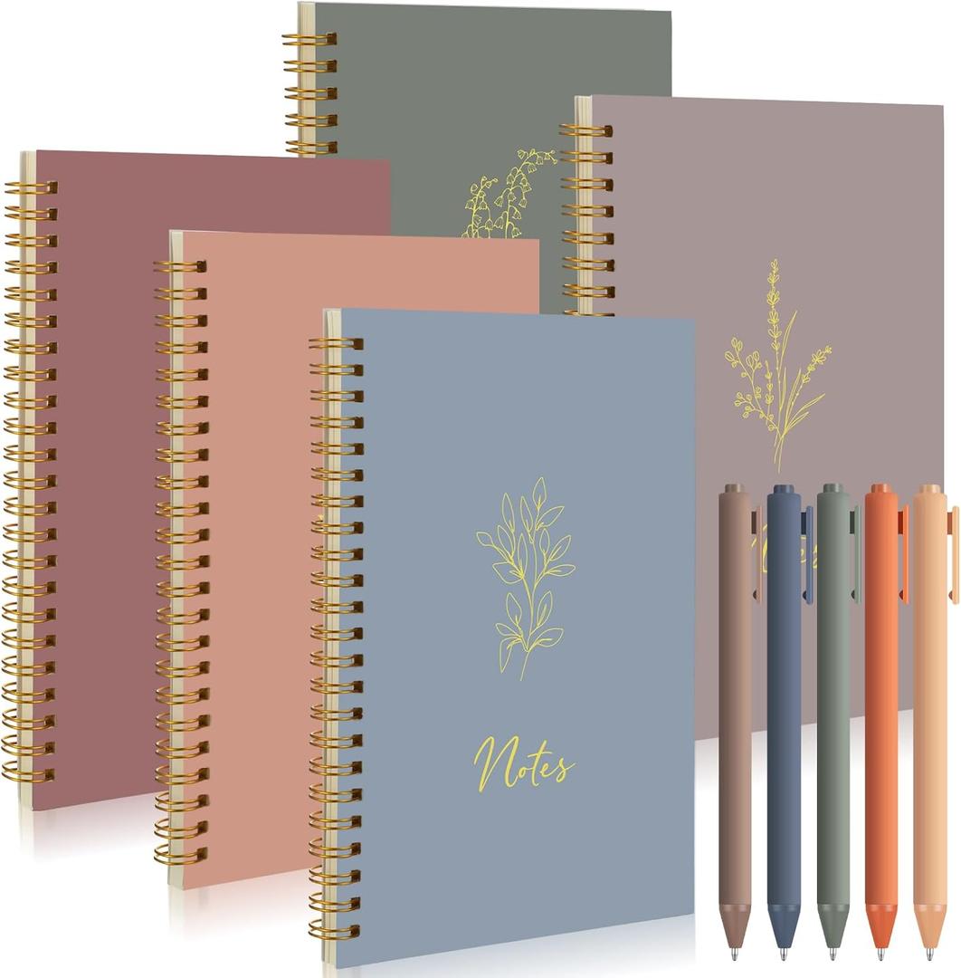 Gueevin 5 Pcs Spiral Notebook with 5 Pcs Ballpoint Pens A5 Cute College Ruled 160 Pages/ 80 Aesthetic Notebook for Work Students School Office Supplies(Morandi Color,Note)