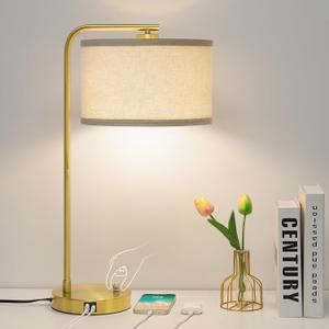 Fully Dimmable Bedside Lamp with C+A USB Ports, Mordern Gold Nightstand Lamp Desk Reading Lamp with Beige Drum Shade, Tall Side Table Lamp for Living Room Bedroom Office, 9W LED Bulb Included
