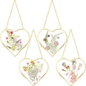 4 Pcs Heart Glass Pressed Flower Frame, Heart Hanging Floating Frames Double Pressed Dried Flower Plants Vintage Glass Gallery Wall Decor Fall Christmas Valentines Gift (6.5 x 6.5 Inch, Gold)