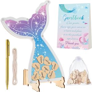 Mermaid Baby Shower Guest Book Alternative Mermaid Picture Frame with 60 Pcs Wood Heart Cutouts Organza Bag Standing Guestbook Card Signature Pen for Gender Reveal Baby Shower Wedding Birthday Party