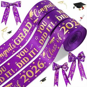 Moukeren 3 Roll Class of 2026 Graduation Ribbon Graduation Party Favors Decor 1 Inch Congratulations DIY Congrats Grad Ribbon Art Fabric Ribbons for Gift Wrapping Craft Headband(Purple Gold)