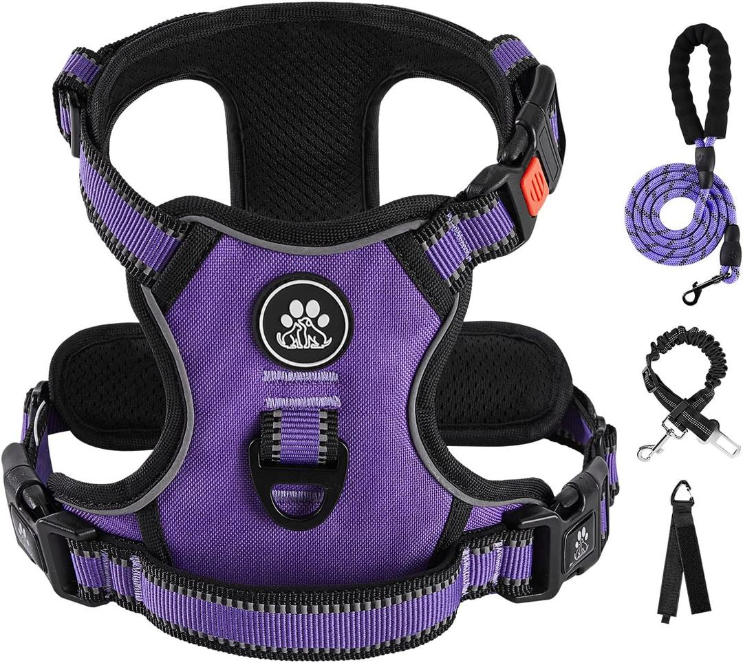 IVY&LANE No Pull Dog Harness for Medium Dogs, Dog Vest Harness with Leash, Safety Belt and Storage Strap, Fully Adjustable Harness, 360 Reflective Strip, Soft Handle (Purple, M)
