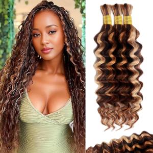 Highlight Human Braiding Hair 12 Inch 110g for Boho Braids Knotless Braids Bulk 100% Human Hair Extensions, P4/27/30 Ombre Brown Blonde Deep Water Wave Braiding Hair for Bohemian No Weft 3 Bundles