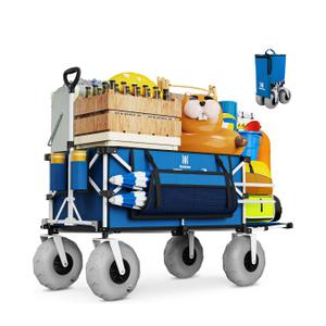 Navatiee 260L Beach Wagon with Extended Tailgate, 440lbs Heavy Duty Beach Cart with 9 Big Balloon Wheels for Sand, Collapsible Folding Wagon with Side Pocket for Outdoor, Blue