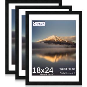 18X24 Poster Frame, Display Pictures 16X20 with Mat or 18X24 without, Wall Hanging Frames, Black, 3 Pack