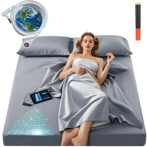 Grounding Sheets Queen Size, 20% Pure Silver Fiber + 80% Organic Cotton, Grounded Sheet Earth Connected Bedding Fitted Earth Sheets with Grounding Cord (Gray)