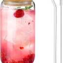 DAMCONME Glass Cups with Lids and Straws 1Pack, Glass Coffee Cups, Glass Cup with Lid for Iced Coffee, Smoothie, Cocktail, Beer, Whiskey, Soda, Matcha, 16 Oz Glass Cup with Bamboo Lid, 1 Brush