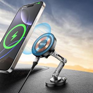 Magnetic Car Mount Charger Wireless, 15W Fast Charging 2 in 1 Magnetic Cell Phone Holder Stick on Dashboard Windshield, 360 Foldable Full Metal Car Accessories for iPhone16/15/14/13/12 Series