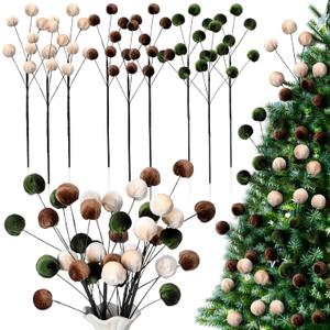6 Pcs 14 Inch Christmas Tree Picks Velvet Christmas Ornaments Spheres Ball Pick Velvet Xmas Tree Branches Hanging Decoration Wreath Home Office Party Ornament (Brown, Green, Beige)