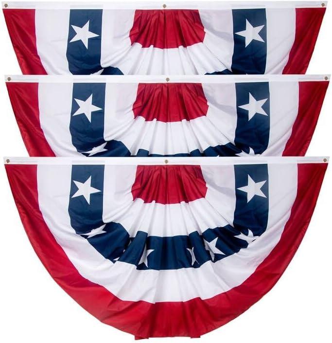 3x6Ft American Bunting Flags Outdoor, Patriotic Bunting for 4th of July Decorations, Memorial Day Patriotic Decorations, USA Pleated Fan Flag for Outdoor Indoor Use (Set of 3)