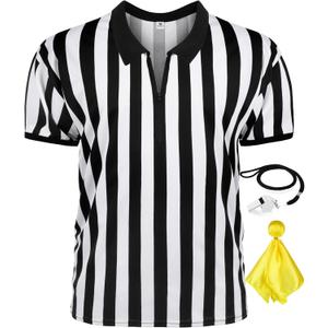 3 Pcs Referee Shirt, Referee Costume Men Women Zipper Collar Black and White Striped Ref Shirt for Football Soccer Sports (Large)