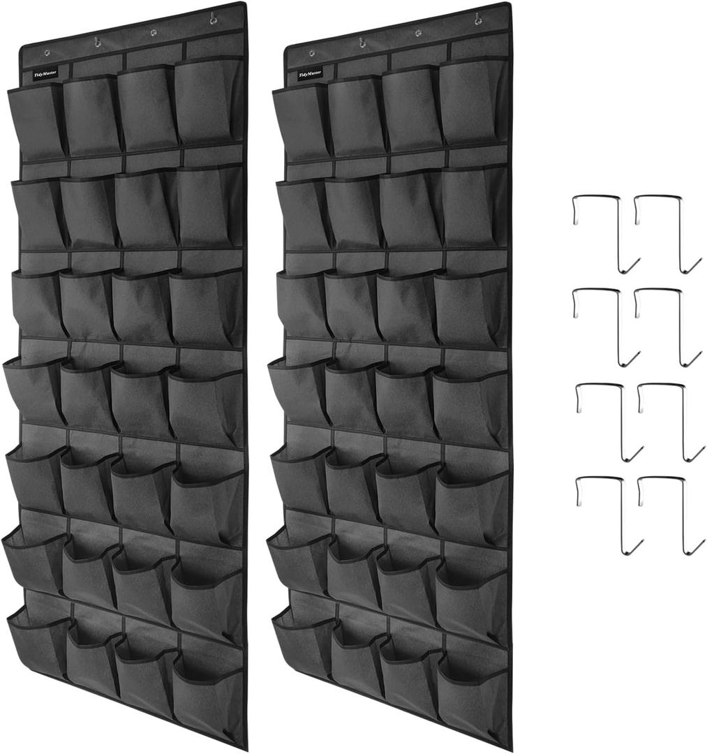 2 Pack 28 Large Pockets Hanging Shoe Organizer Over The Door Shoe Rack for Closet Door Storage Shoe Holder Hanger.8Hooks.Imitation linen Gray (Black)