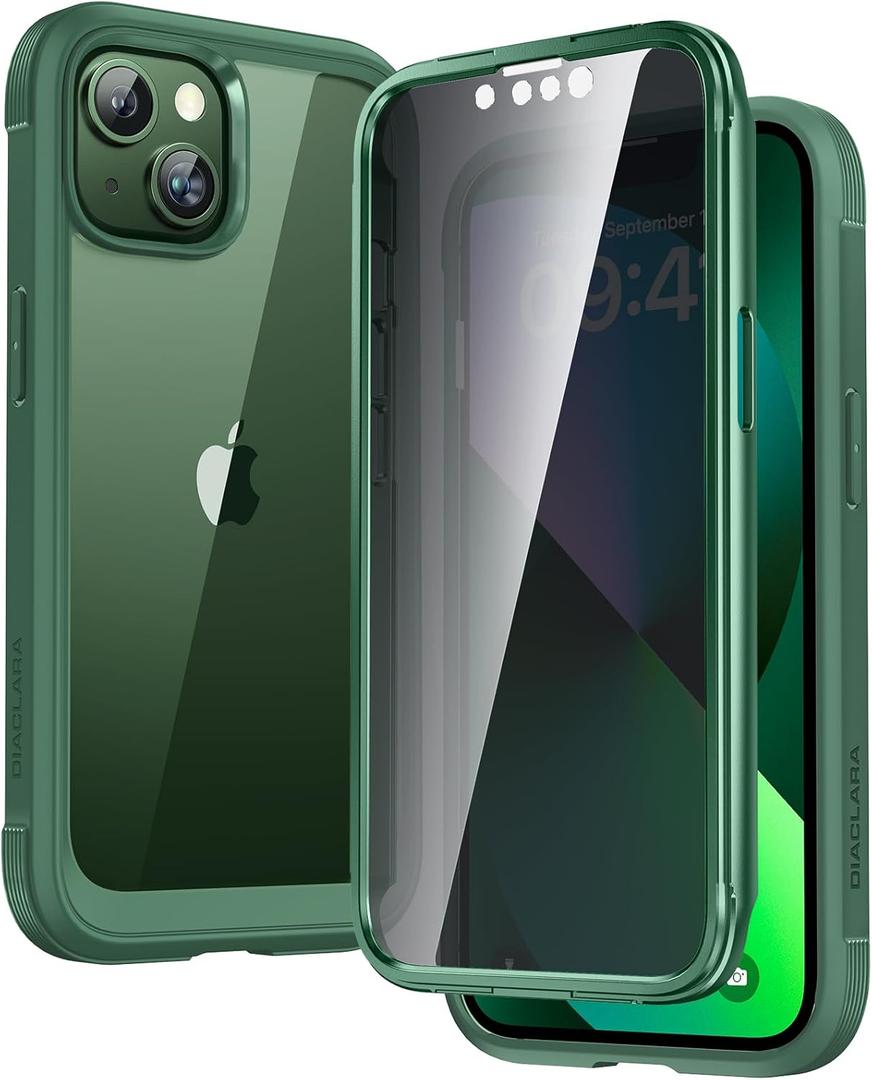 Diaclara Designed for iPhone 13 Case, Full Body Rugged with Built-in Touch Sensitive Anti-Scratch Privacy Screen Protector, Soft TPU Bumper Case for iPhone 13 6.1" (Green)
