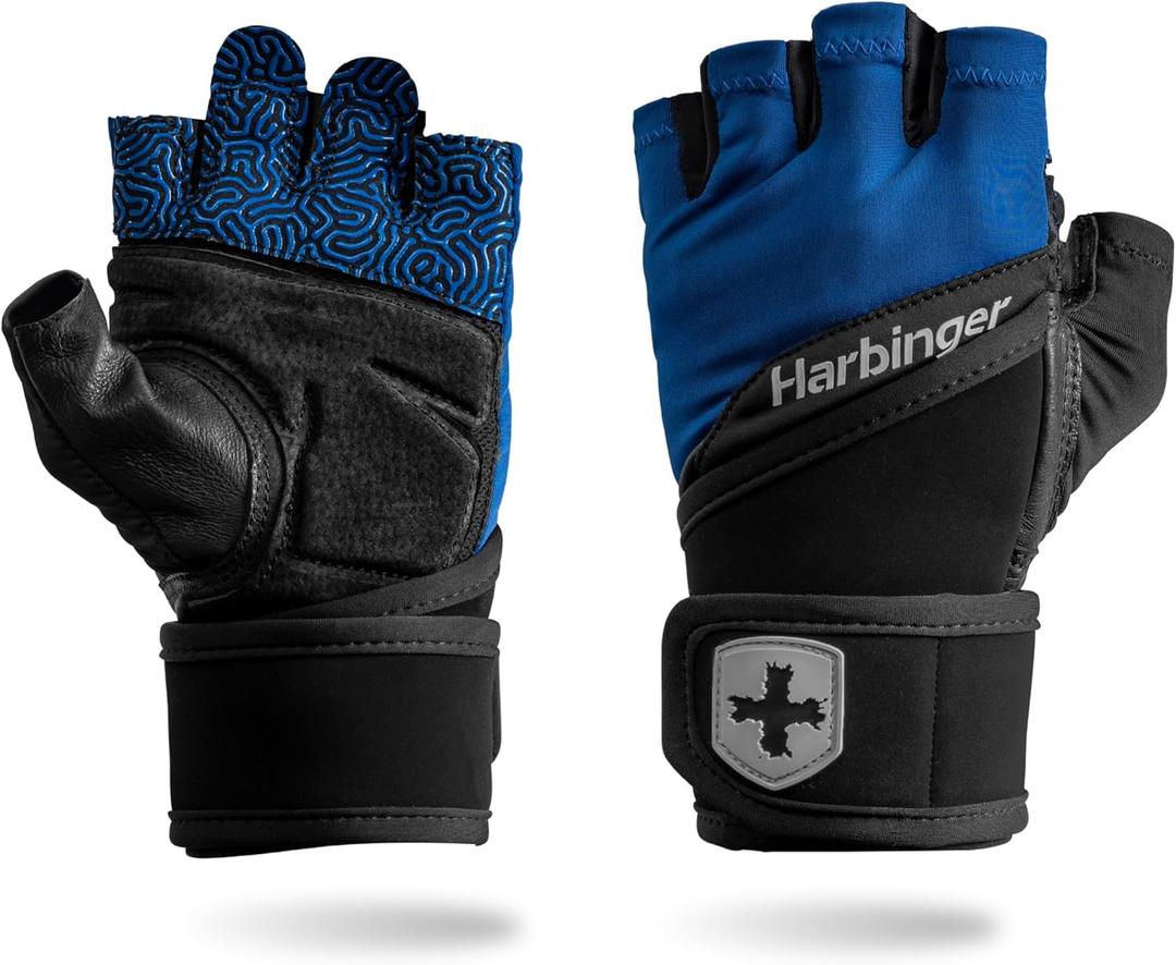 Harbinger Training Grip Wrist Wrap Gloves - Enhanced Grip & Wrist Support, Breathable Lycra Back, Padded Leather Palm, Half-Finger Design, Quick Pull Tabs - Ideal for Weightlifting, Gym - Men's (X-Large, Blue)