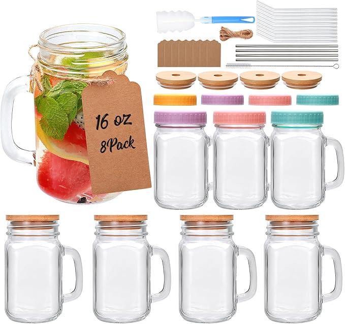 16 oz Mason Jar Cups with Handle,Mason Jar Cups with Lids and Straws,Set include glass straws, stainless steel straws, wooden lids, plastic lids,cup brush, straw brush,Hemp rope, tag 8pack