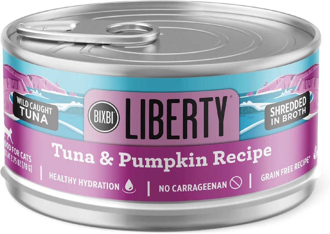 BIXBI Liberty Canned Wet Cat Food - Grain Free, Tuna and Pumpkin Recipe in Broth, 2.75 Ounce (Pack of 24), BB Date 01/10/2026