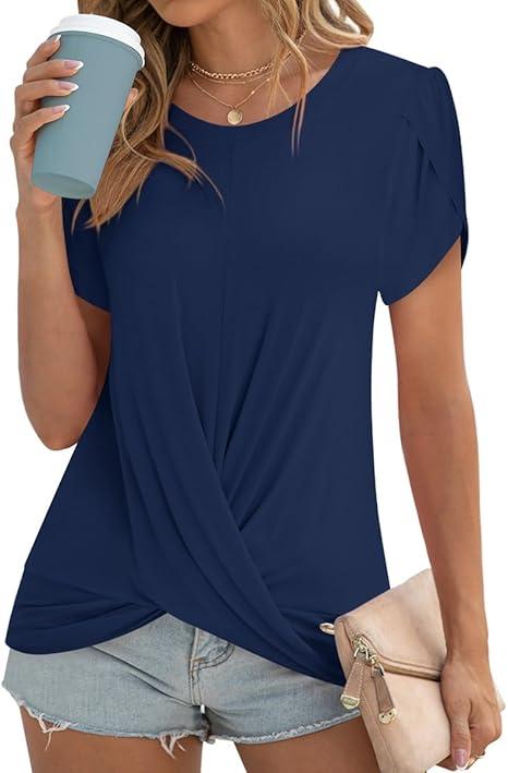 Womens 2025 Summer Tops Casual Twist Front Blouses Short Sleeve Tshirts Fitting Tunic 3XL