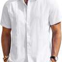 Mens Linen Shirts Short Sleeve Button Down Shirt Casual Cuban Guayabera Lightweight Summer Beach Solid Tops XL