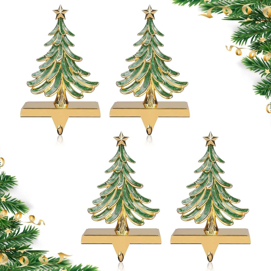 JUSTOTRY 4PC Christmas Stocking Holders for Mantle Glitter Green Xmas Tree Gold Stocking Holder for Fireplace Home Decor Holiday Gifts Christmas Decorations Supplies Non-Skid Durable and Sturdy
