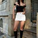 ELLEVEN Denim Mini Skirt for Women, High Stretch Low Waist Jean Skirt with Shorts Underneath Sexy Bodycon Casual Micro Skort (White, M)