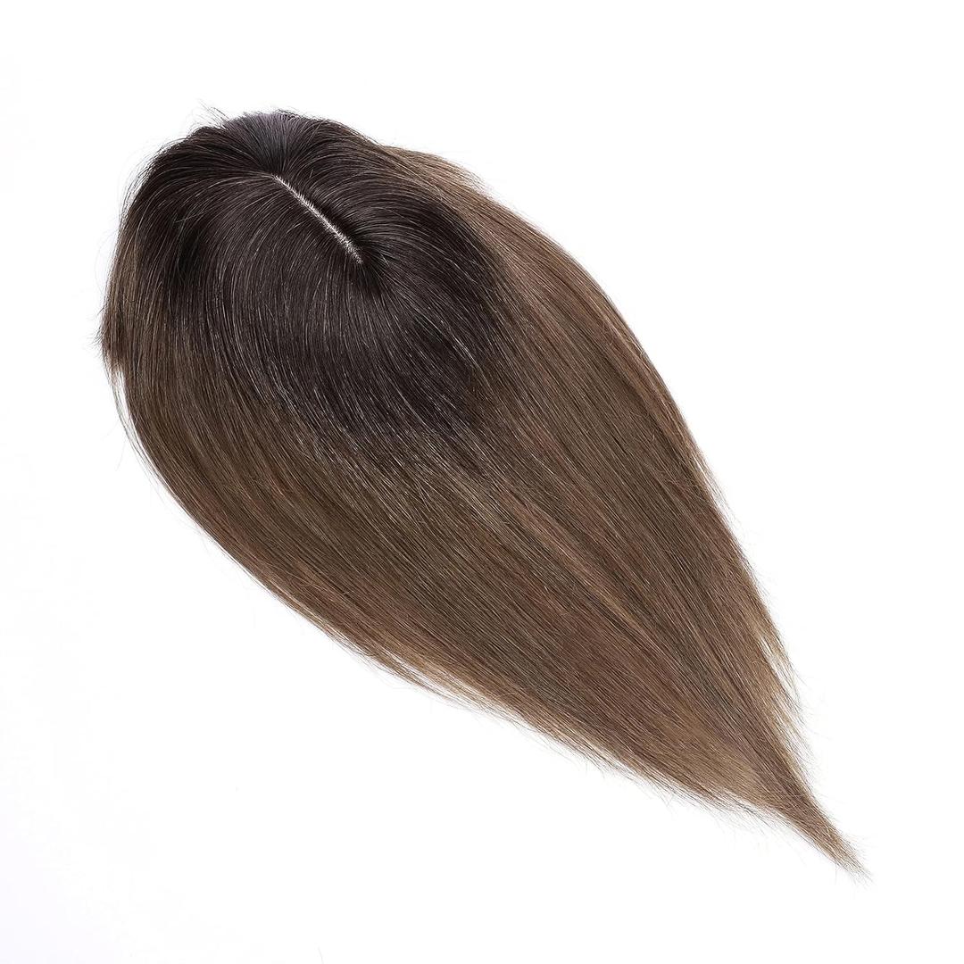 MY-LADY Human Hair Toppers for Women Real Remy Hair 150% Density 7 * 13CM Silk Base with Bangs Clip in Hair Pieces Straight Hairpiece for Thinning Hair 12 Inch #2T6 Dark Brown Ombre Light Brown