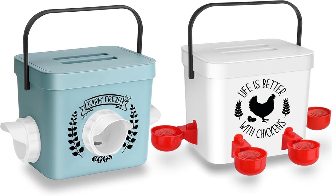 Chicken Feeder and Chicken Waterer Set - Hanging Automatic Chicken Feeder No Waste - Chicken Coop Accessories - Poultry Waterer with 2 Gallon/10 Pounds