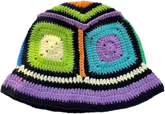 Crochet Bucket Hat for Women Handmade Knit Hats Summer Floral Skull Cap Knit Bucket Hats for Women Girls, Ethnic Purple & Blue
