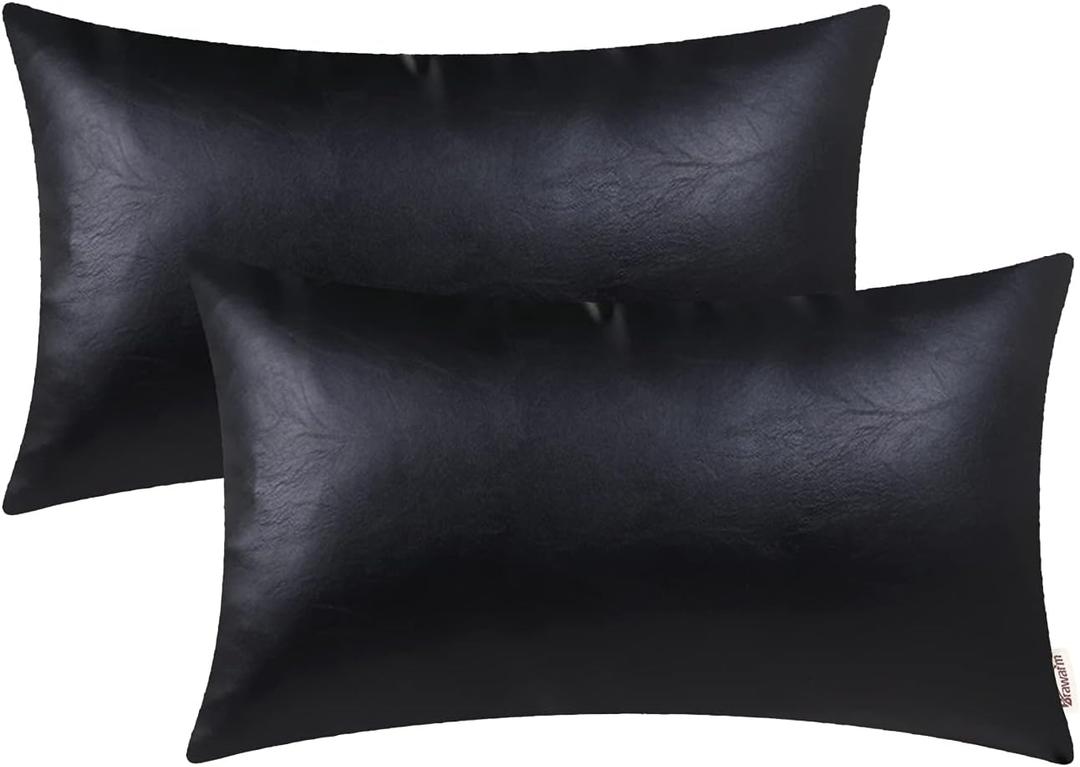 BRAWARM Faux Leather Throw Pillow Covers 12 X 20 Inches - Black Leather Lumbar Pillow Covers Pack of 2, Solid Dyed Leather Pillowcases for Couch Bed Sofa Garden Home Decorative