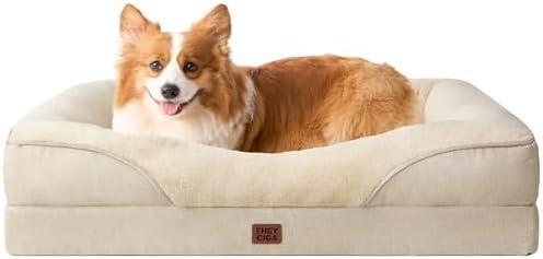 EHEYCIGA Orthopedic Dog Bed for Medium Dog, 35x22x6.5 Inch Memory Foam Dog Couch Bed with Sides, Waterproof Liner & Washable Removable Cover, Bolster Pet Sofa, Beige