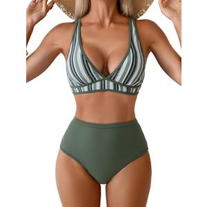 Aidonger Women's High Waisted Bikini Sets Two Piece Color Block Triangle Swimsuits Sexy V Neck Bathing Suits S