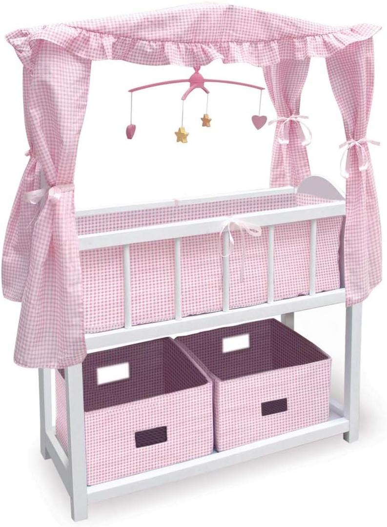 Badger Basket Doll Crib with Bedding, Storage Baskets, Mobile & Personalization Kit - Ideal Nursery Set for Dolls Up to 22 Inches, Best for Doll Accessories & Playtime - White/Pink