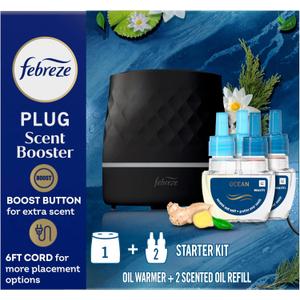 Febreze PLUG Scent Booster Starter Kit, Black, Oil Diffuser, Air Freshener Plug In, Continuous Scent Device + 2 Ocean Refills