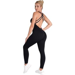 Sunzel Jumpsuits for Women Backless, Seamless Workout One Piece Bodycon Bodysuits, Butt Scrunch Leggings Unitard (Black, L)