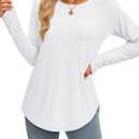 YUCOLEN Womens Long Sleeve Shirts with Thumb Hole Tunic Tops to Wear with Leggings Loose Fit with Crew Neck Curved Hem (White)